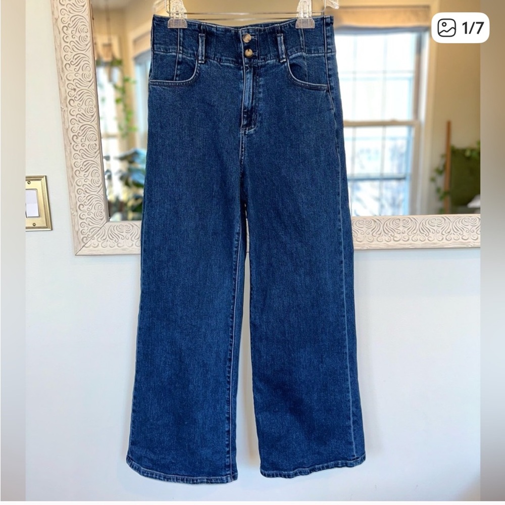 Ann Taylor High Rise Dark Denim Wide Leg Thick Band Jeans Tortoise Shell Gold 6